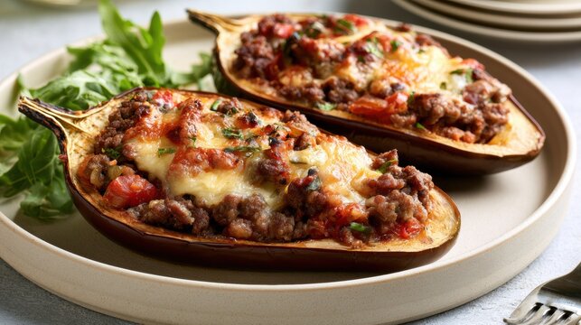 Stuffed eggplants topped with minced meat, melted cheese and herbs on plate, homemade dinner and Mediterranean cuisine concept