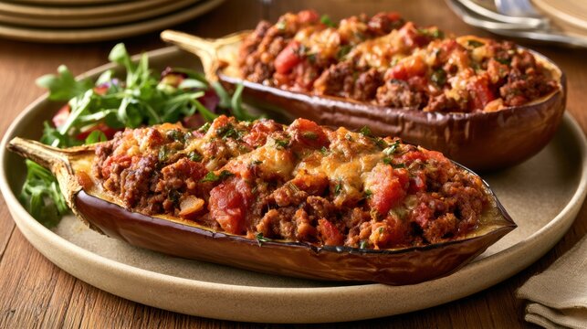 Baked stuffed eggplants filled with minced meat, tomato and herbs on serving plates, comfort food meal and home cooking concept