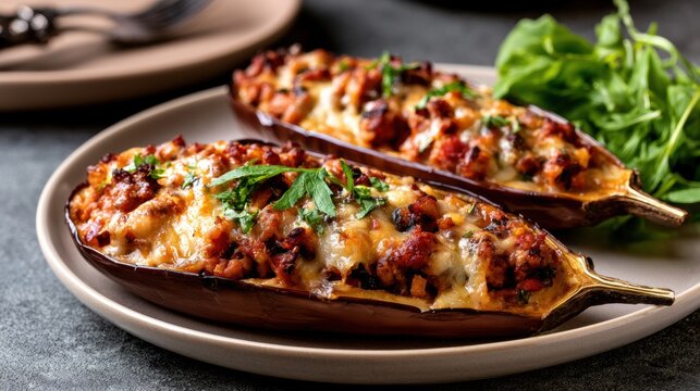 Stuffed eggplant halves with minced meat, melted cheese and herbs on plate, baked vegetable dish for dinner menu and recipe concept