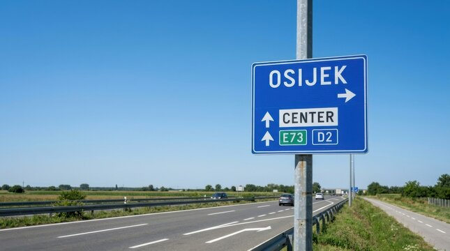Blue road sign for Osijek and Center with E73 D2 routes on a sunny day alongside highway