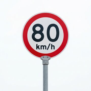 Circular speed limit sign showing 80 km h against a white sky background traffic regulation symbol