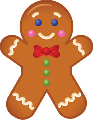 Obraz premium Cute smiling gingerbread man with red bow tie and colorful candy buttons vector illustration