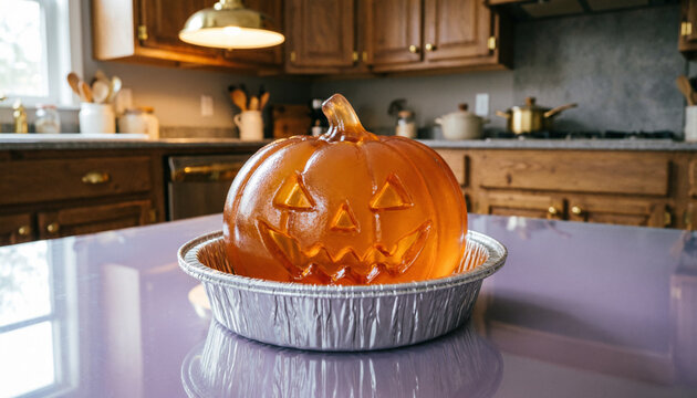 Molde de gelatina o postre con forma de calabaza de Halloween tallada sobre encimera en cocina / Halloween Carved Pumpkin Shaped Gelatin or Dessert Mold on Kitchen Countertop
