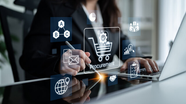 Business professional engaging in digital procurement with modern technology tools and icons representing online shopping, analytics, and efficiency. Bitwise.