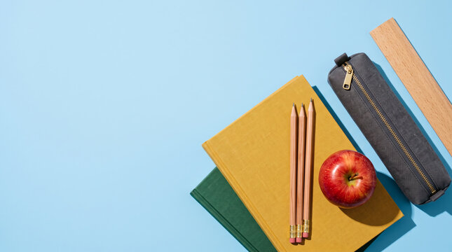 School supplies including books pencils apple pencil case and ruler arranged on a blue background with shadows