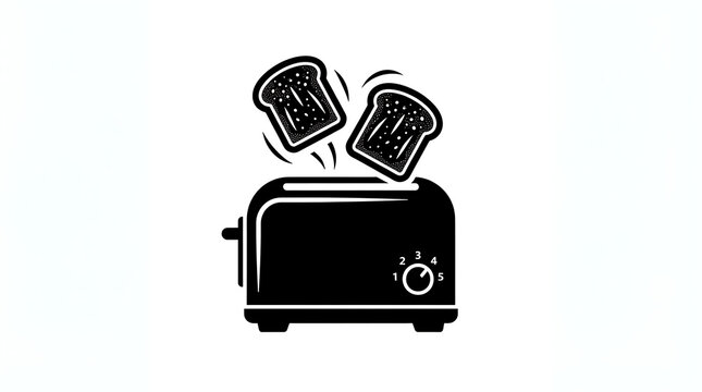 A black and white flat vector icon of a toaster with bread slices popping with minimalist graphic illustration