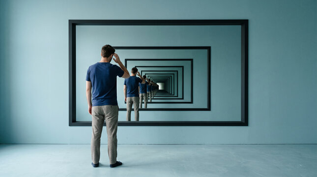 Man looking into an endless reflection of himself in a mirror, symbolizing introspection, existentialism, and self-discovery