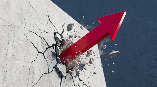 A red arrow breaks through a cracked concrete wall, symbolizing breakthrough and progress, representing success and overcoming obstacles.
