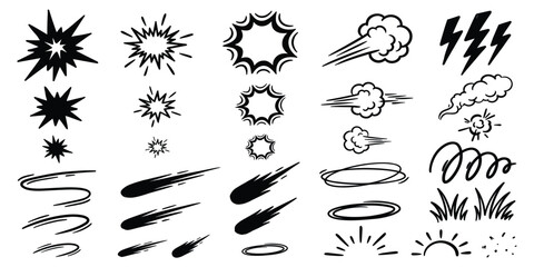 Line speed cartoon effect, boom explosive motion line element set. Comic boom burst, explosive smoke, line speed cartoon vector icon. Hand drawn sketch doodle action effect. Vector illustration © Imane