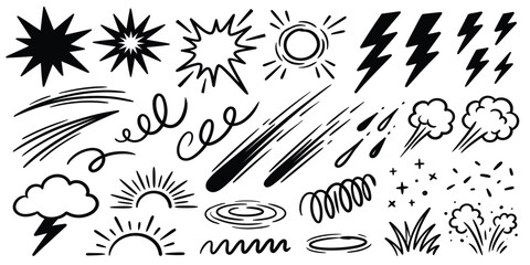 Line speed cartoon effect, boom explosive motion line element set. Comic boom burst, explosive smoke, line speed cartoon vector icon. Hand drawn sketch doodle action effect. Vector illustration © Imane