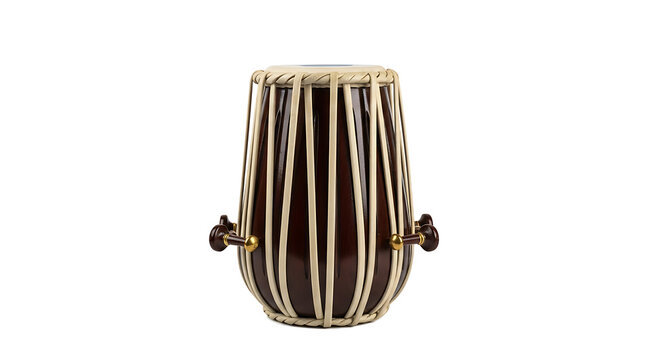 A single traditional wooden hand drum with white tension ropes isolated on white background