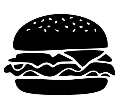 Black burger silhouette vector icon with sesame seed bun, cheese, and lettuce for fast food restaurant menu isolated on white background   