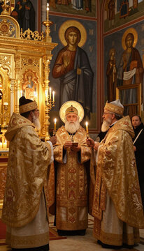 Three priests conducting a ceremony in an ornately decorated church  
