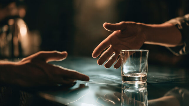 Bartender hand sliding empty whiskey glass away from hesitant customer across polished counter in moody cocktail bar lighting