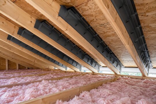 Black rafter ventilation baffles above pink loft insulation