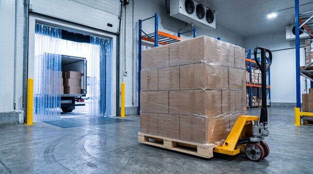 Refrigerated warehouse loading dock with wrapped cargo pallet