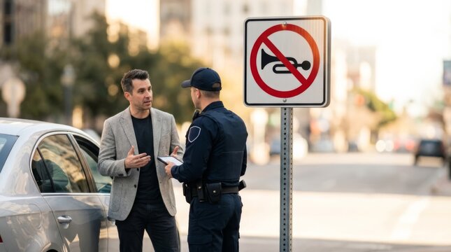 Police officer speaks with driver near no honking sign in urban morning, copy space