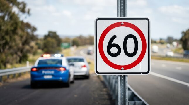 Speed limit 60 sign on highway with police car enforcing traffic laws, daylight