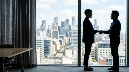 Plakat Business partners shaking hands in a modern conference room with a city view, celebrating success and partnership