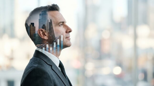 Thoughtful businessman with city and stock chart overlay, envisioning financial growth and success