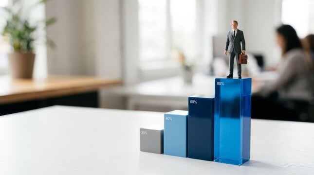 Businessman figurine on highest bar of growth chart, symbolizing success and achievement in a modern office setting