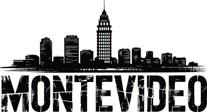 Montevideo skyline silhouette with grungy texture, featuring detailed urban architecture and bold typography representing the capital city of Uruguay in a classic black ink