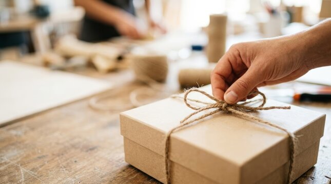 Hand tying natural jute twine bow on rustic cardboard gift box, sustainable packaging concept