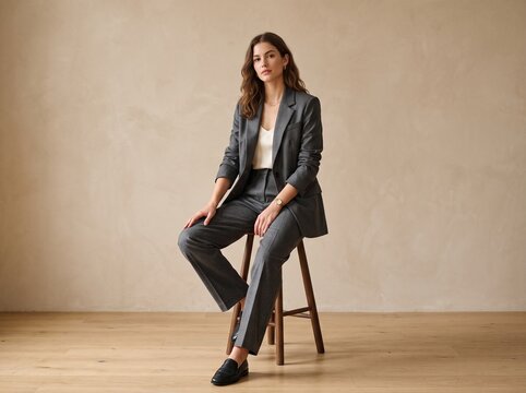 Professional woman in a grey suit and white camisole sitting on a wooden stool against a neutral beige background