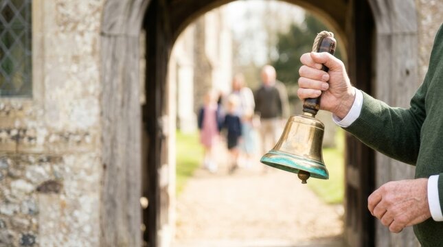 Bell Ringer at Church Entrance Invites Parishioners, Rural Setting with Soft Bokeh and Copy Space