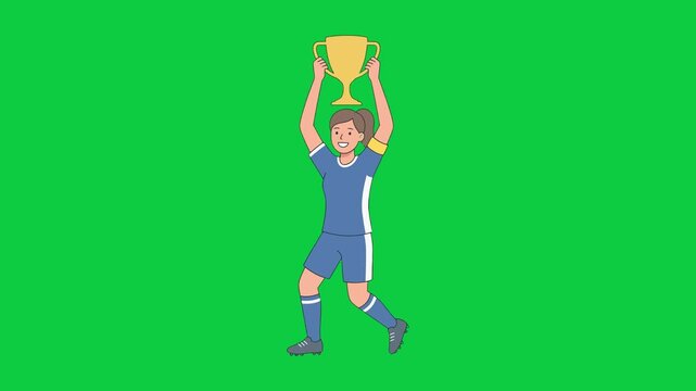 Soccer player celebrates winning a trophy with a jump and raised arms on a green background