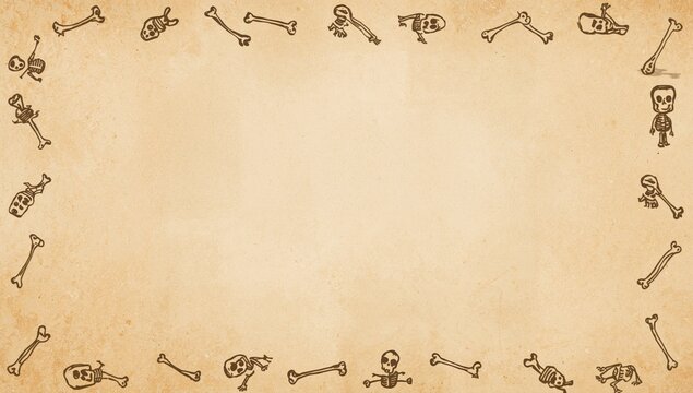 Halloween Skeleton Frame Background on Vintage Parchment Paper with Copy Space 