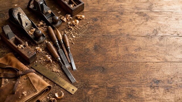 Overhead view of woodworking workbench with vintage hand planes chisels and wood shavings