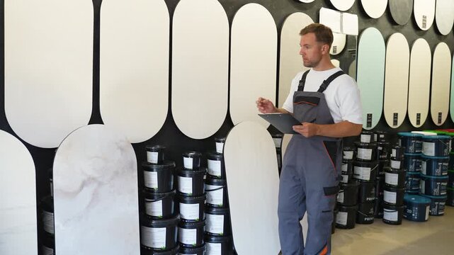 Warehouse worker taking inventory in paint store