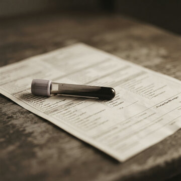 Sepia close up of diagnostic blood collection tube lying on clinical test requisition document