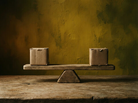 Two identical cardboard boxes on a wooden balance scale in warm side light