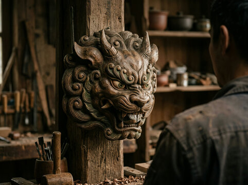 Carved wooden lion head on a weathered post in a rustic workshop in soft daylight