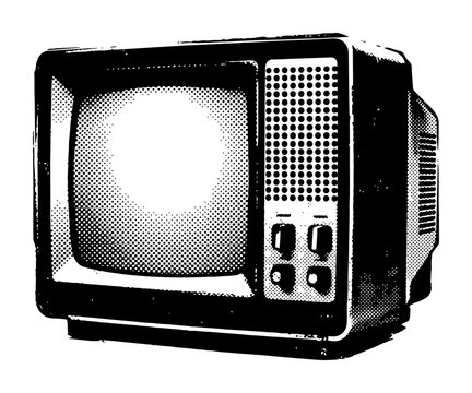 Portable retro television set in vintage halftone stippled engraving style