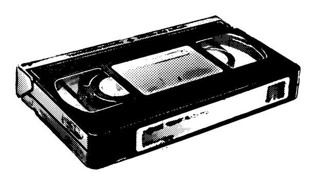 VHS video cassette tape for movie recording in retro halftone textured stamp xero style