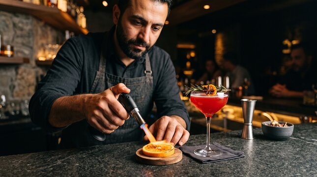 Bartender chars citrus for a crimson mocktail