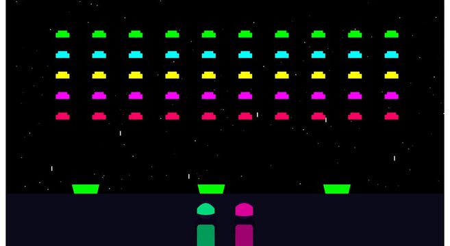 Retro arcade space shooter game screen with colorful alien invaders and pixel gaming