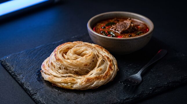 Layered parotta texture beside rich beef curry
