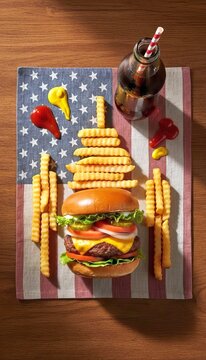 Statue of Liberty Creative Fast Food Art: Cheeseburger, French Fries, and Soda Arranged on USA Flag Placemat