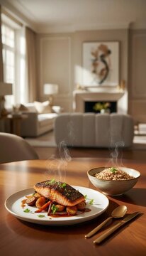 Gourmet Home Dining Experience: Freshly Seared Salmon Fillet with Steaming Rice Served on Wooden Table in Elegant Living Space