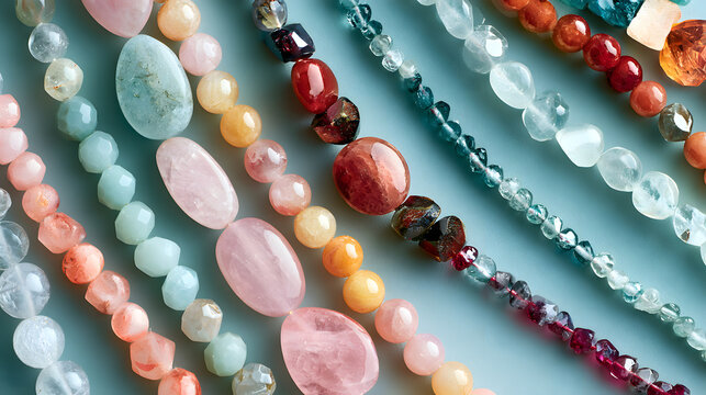 Flat lay background featuring precious gemstone beads, colorful natural mineral stones, pearls, and crystals arranged neatly on a surface, ideal for jewelry design and fashion crafts concepts in studi