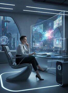 Future Technology and Workplace Innovation: Professional Woman Working at Transparent Holographic Display in Futuristic Office