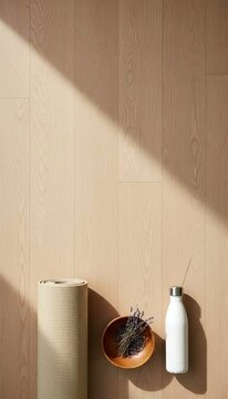 Mindful Wellness and Healthy Living: Overhead View of Rolled Exercise Mat, Reusable Water Bottle, and Incense Bowl on Wooden Floor