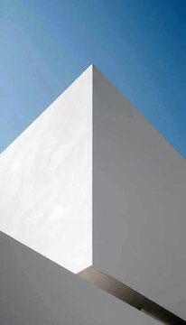 Minimalist Modern Architecture: Low Angle View of White Geometric Concrete Building Against Clear Blue Sky