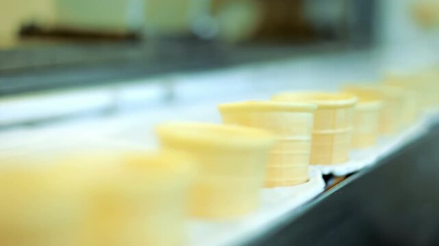Wafer ice cream cones moving conveyor belt. Closeup dessert production line.