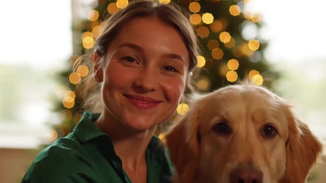 L&auml;chelnde junge Frau mit Golden Retriever im festlichen Wohnzimmer