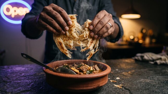 Hands tear flaky parotta over beef curry